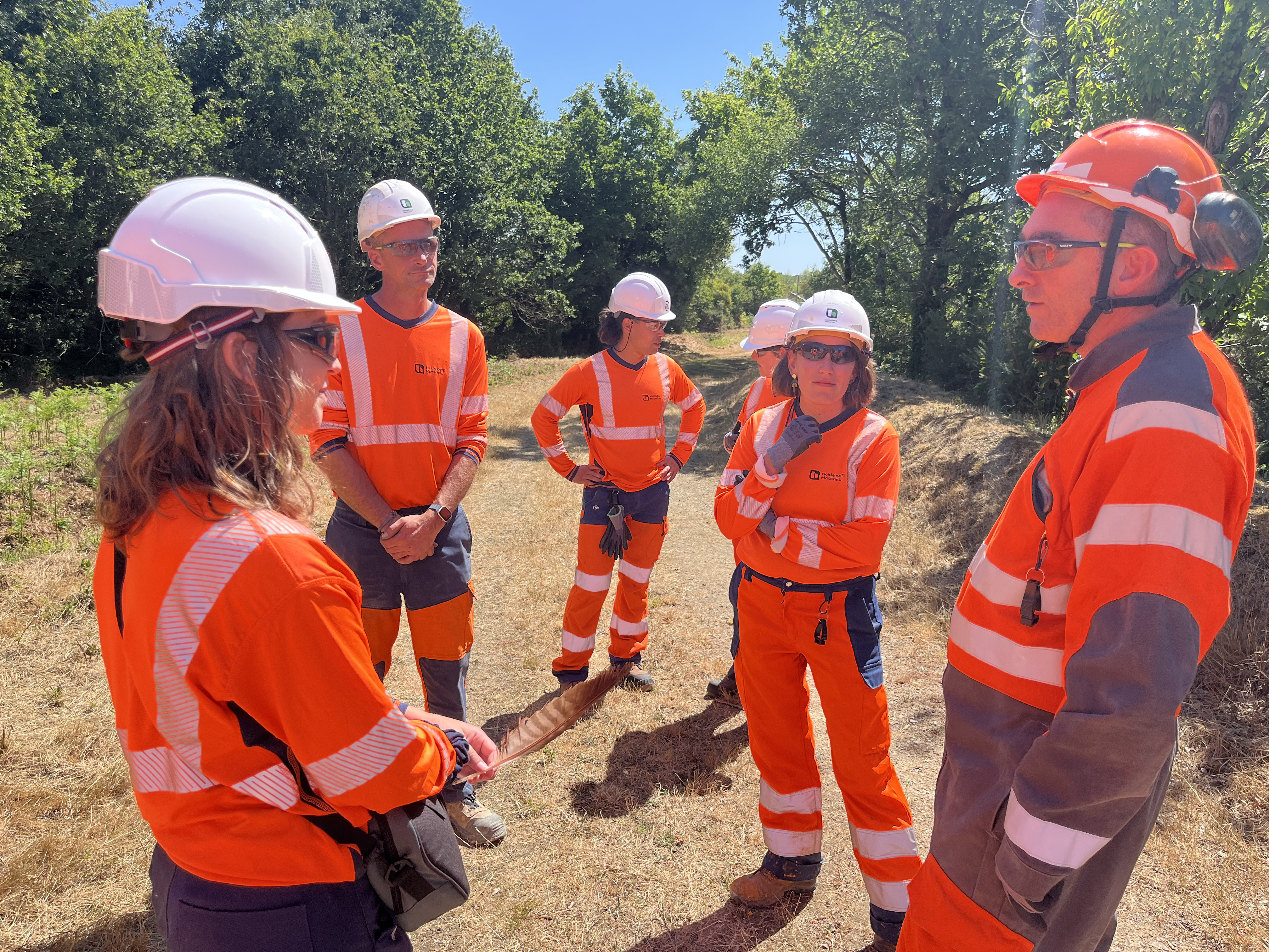 Un groupe de six personnes en tenue de sécurité orange et casques blancs ou orange discutent à l'extérieur sur un chemin ensoleillé bordé d'arbres. Une femme au premier plan à gauche est tournée vers les autres, semblant diriger la conversation.